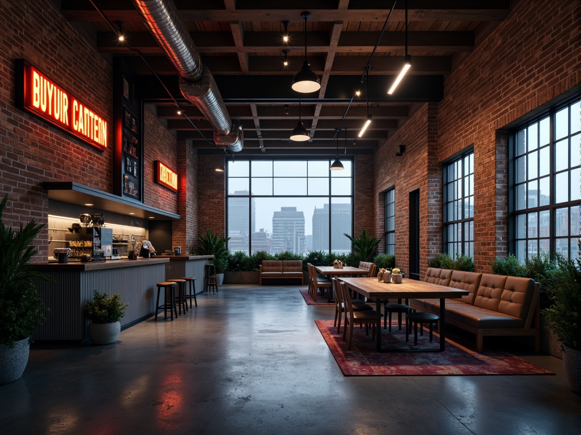 Prompt: Exposed brick walls, distressed concrete floors, metallic beams, industrial pipes, reclaimed wood accents, corrugated metal cladding, neon-lit signage, futuristic LED lighting, minimalist decor, urban cityscape views, foggy atmosphere, cinematic low-key lighting, shallow depth of field, 2/3 composition, realistic reflections, ambient occlusion.