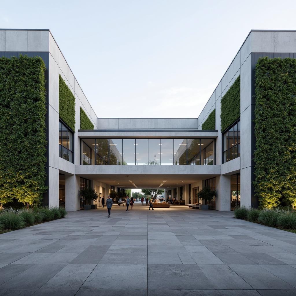 Prompt: Clean hospital facade, minimalist architecture, simple rectangular forms, flat roofs, neutral color palette, large glass windows, metal frames, subtle shading devices, vertical green walls, living walls, natural stone cladding, smooth concrete surfaces, hidden LED lighting, soft ambient illumination, 1/1 composition, symmetrical balance, realistic materials, subtle texture variations.