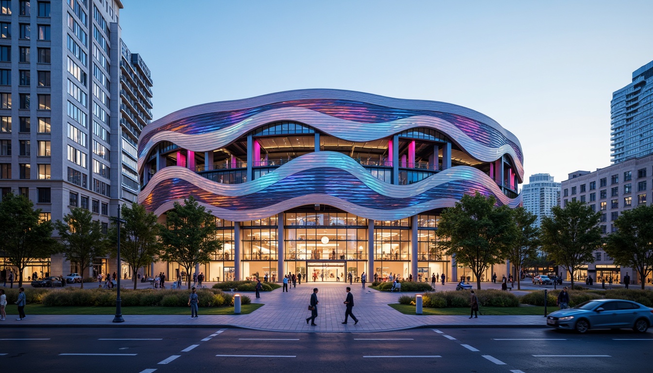 Prompt: Dynamic soccer stadium facade, undulating curves, parametric design, LED light installations, vibrant team colors, sleek metal cladding, transparent glass walls, cantilevered roofs, grand entrance archways, urban cityscape backdrop, bustling streets, modern skyscrapers, sunny afternoon, dramatic shadowing, high-contrast lighting, 1/2 composition, symmetrical framing, realistic reflections, ambient occlusion.