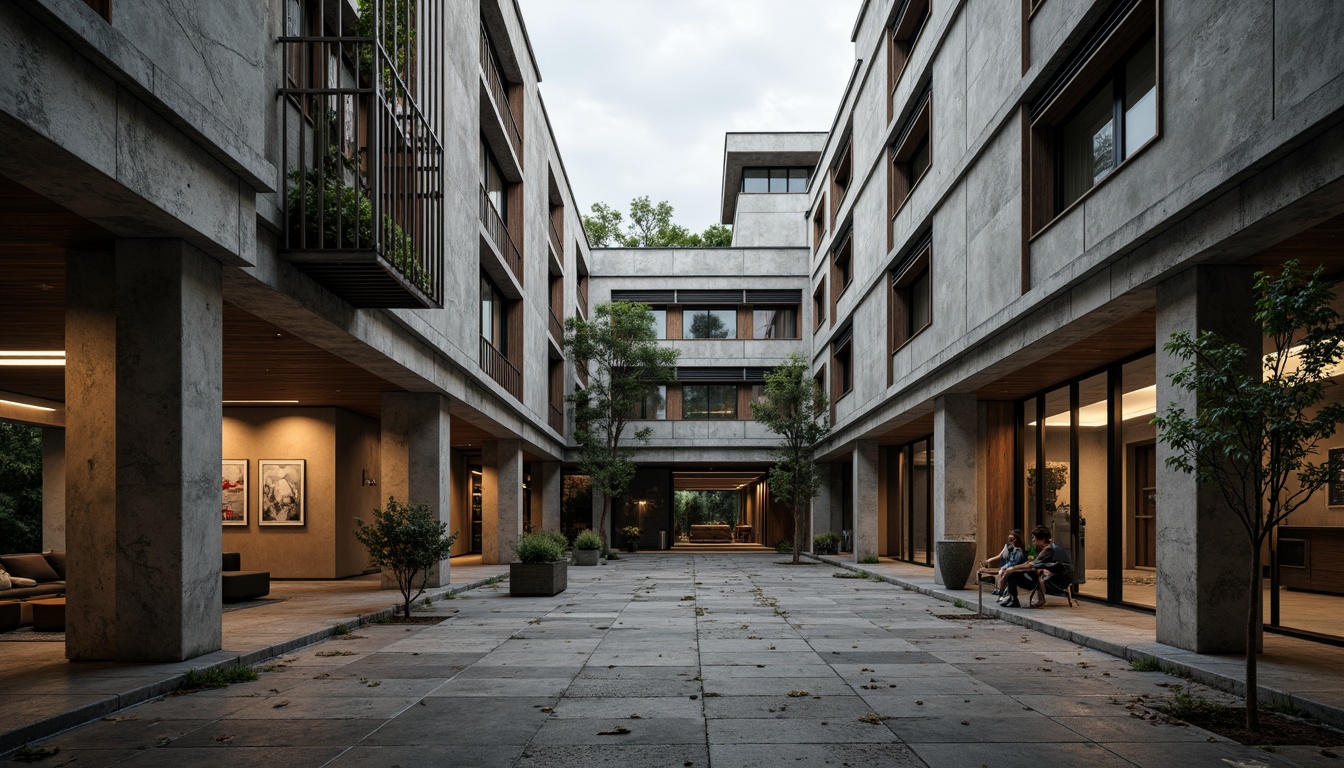 Prompt: Rough-hewn concrete walls, brutalist architecture, rugged stone facades, industrial metal beams, exposed ductwork, raw unfinished surfaces, weathered wooden accents, distressed brick textures, urban campus setting, overcast skies, dramatic shadows, high-contrast lighting, 1/1 composition, symmetrical framing, gritty realistic renderings, ambient occlusion, subtle color grading.