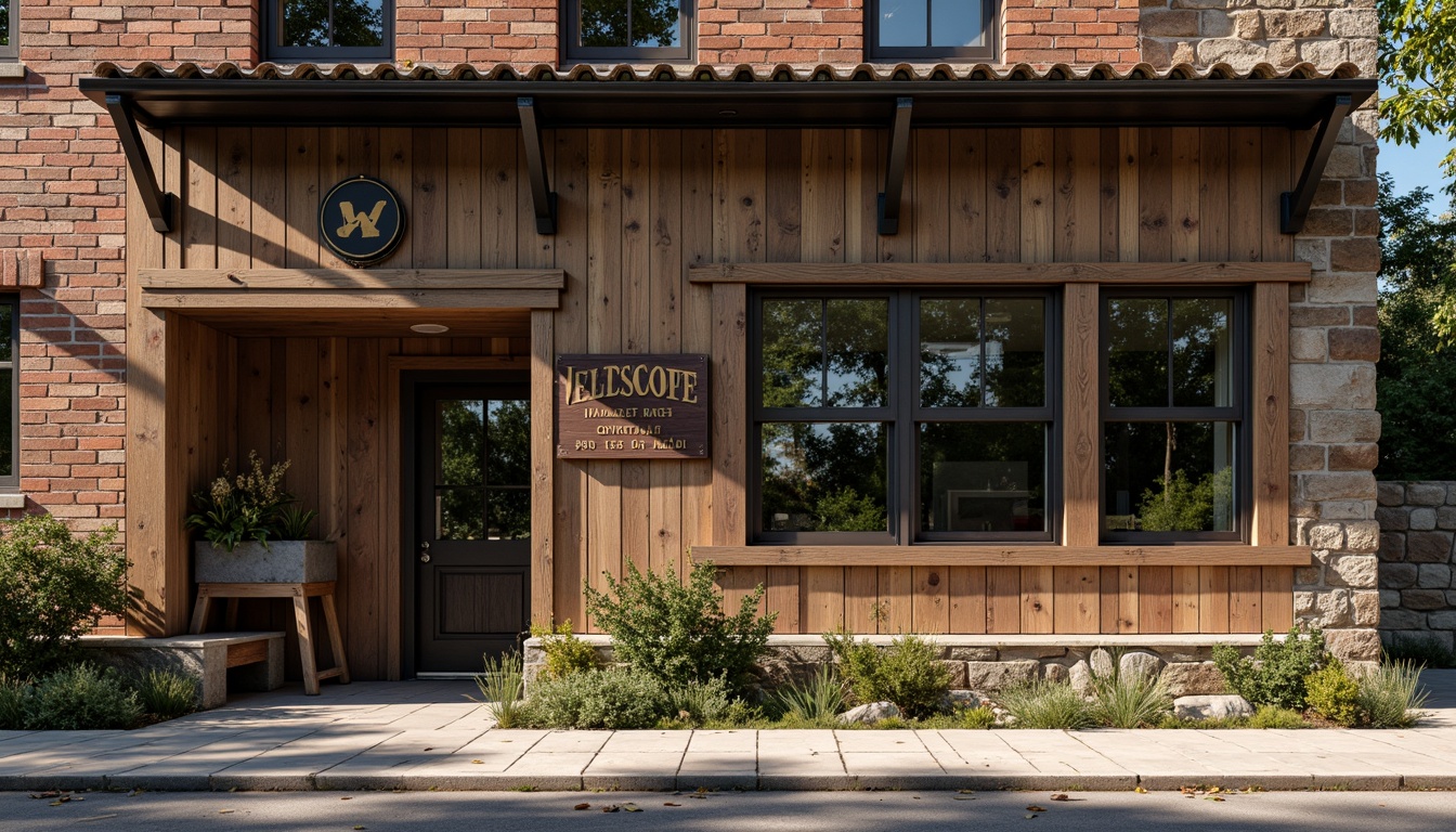 Prompt: Rustic workshop facade, distressed wooden planks, metal cladding, industrial-style windows, exposed brick walls, vintage signage, eclectic architectural details, warm earthy tones, natural stone foundations, overhanging roofs, asymmetrical composition, dramatic shadows, soft diffused lighting, 1/2 composition, realistic textures, ambient occlusion.