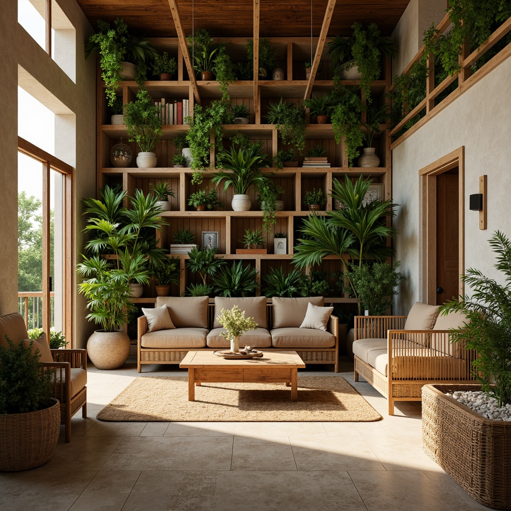 Prompt: Earthy tones, reclaimed wood accents, living green walls, organic shapes, natural stone flooring, bamboo textures, woven rattan furniture, eco-friendly materials, sustainable architecture, minimalist design, abundant natural light, soft warm ambiance, shallow depth of field, 1/1 composition, realistic rendering, ambient occlusion.