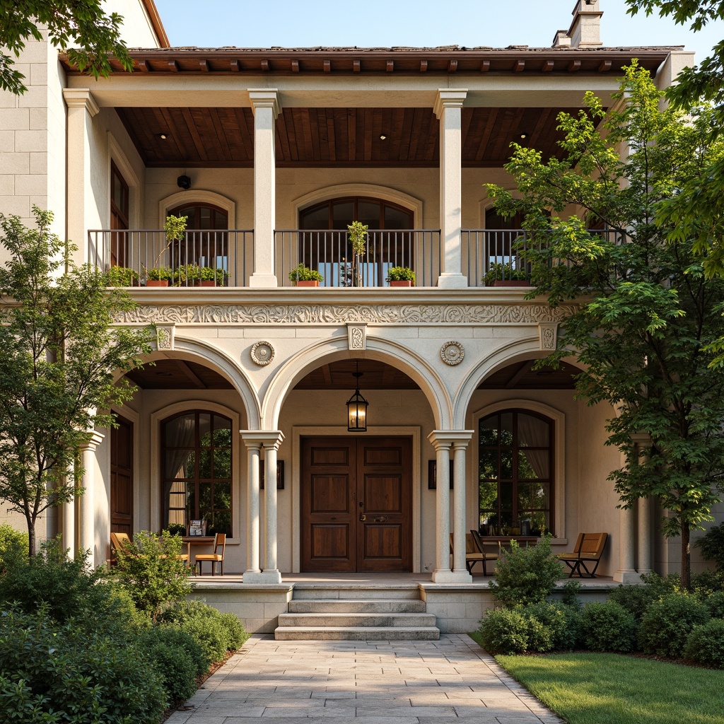 Prompt: Rustic university building, Romanesque style architecture, ornate stone carvings, arched windows, grand entranceways, heavy wooden doors, intricate ironwork, weathered stone walls, lush green ivy, vibrant flower boxes, decorative cornices, classical columns, warm beige stonework, soft afternoon lighting, shallow depth of field, 1/2 composition, realistic textures, ambient occlusion.