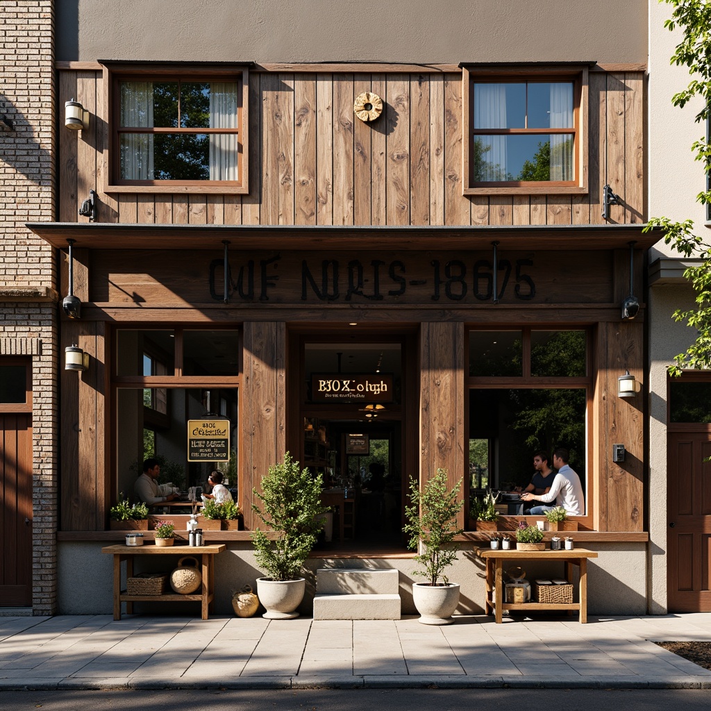 Prompt: Rustic workshop facade, distressed wooden planks, metal cladding, industrial-style windows, exposed brick walls, vintage signage, eclectic architectural details, warm earthy tones, natural stone foundations, overhanging roofs, asymmetrical composition, dramatic shadows, soft diffused lighting, 1/2 composition, realistic textures, ambient occlusion.