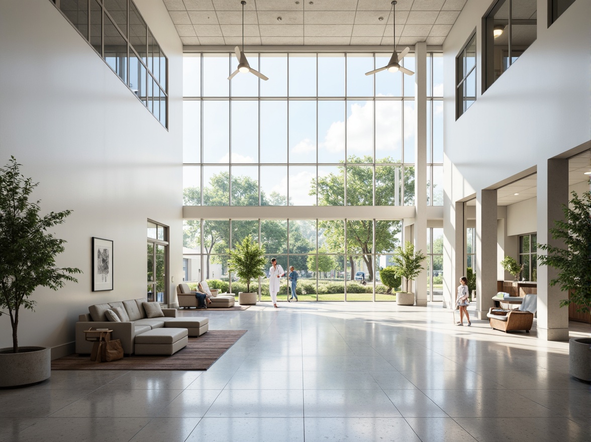 Prompt: Minimalist hospital interior, abundant natural light, floor-to-ceiling windows, sleek metal frames, polished concrete floors, calming white walls, sparse greenery, modern medical equipment, stainless steel surfaces, subtle ambient lighting, soft warm tones, shallow depth of field, 1/1 composition, realistic textures, ambient occlusion, serene atmosphere, peaceful waiting areas, comfortable patient rooms, efficient nurse stations, minimalist decor, natural stone accents, wooden furniture, gentle color palette.