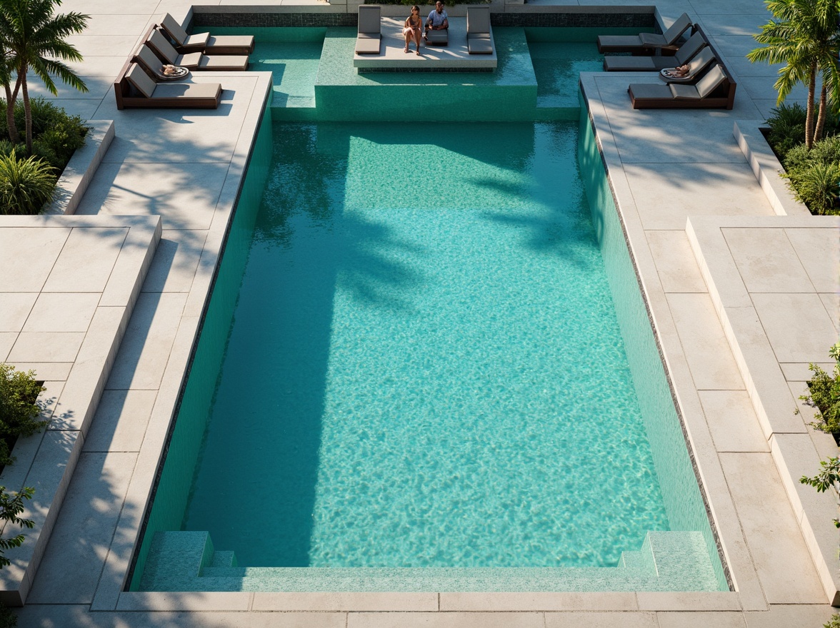 Prompt: Symmetrical pool shape, angular lines, modern minimalist design, sleek concrete surfaces, turquoise water, geometric patterned tiles, stepped platforms, cantilevered decks, infinity edge, sunny day, soft warm lighting, shallow depth of field, 3/4 composition, panoramic view, realistic textures, ambient occlusion.