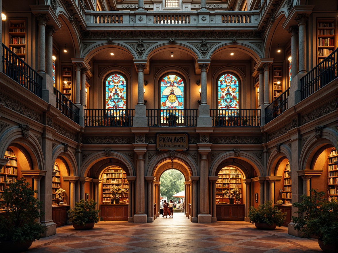 Prompt: Grandiose library facade, eclectic architectural style, ornate stone carvings, intricate metalwork, vibrant stained glass windows, asymmetrical composition, grand entrance archways, imposing columns, ornamental balconies, richly patterned textiles, warm golden lighting, dramatic shadows, 1/2 composition, low-angle shot, realistic materials, ambient occlusion.