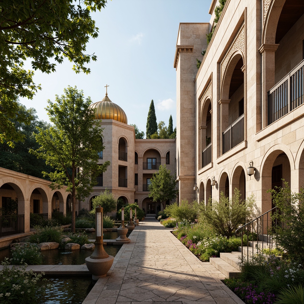 Prompt: Majestic Byzantine-style buildings, intricately carved stone facades, golden domes, ornate mosaics, lush greenery, blooming flowers, serene water features, meandering pathways, rustic stone walls, ancient olive trees, warm Mediterranean sunlight, soft warm lighting, shallow depth of field, 3/4 composition, panoramic view, realistic textures, ambient occlusion.