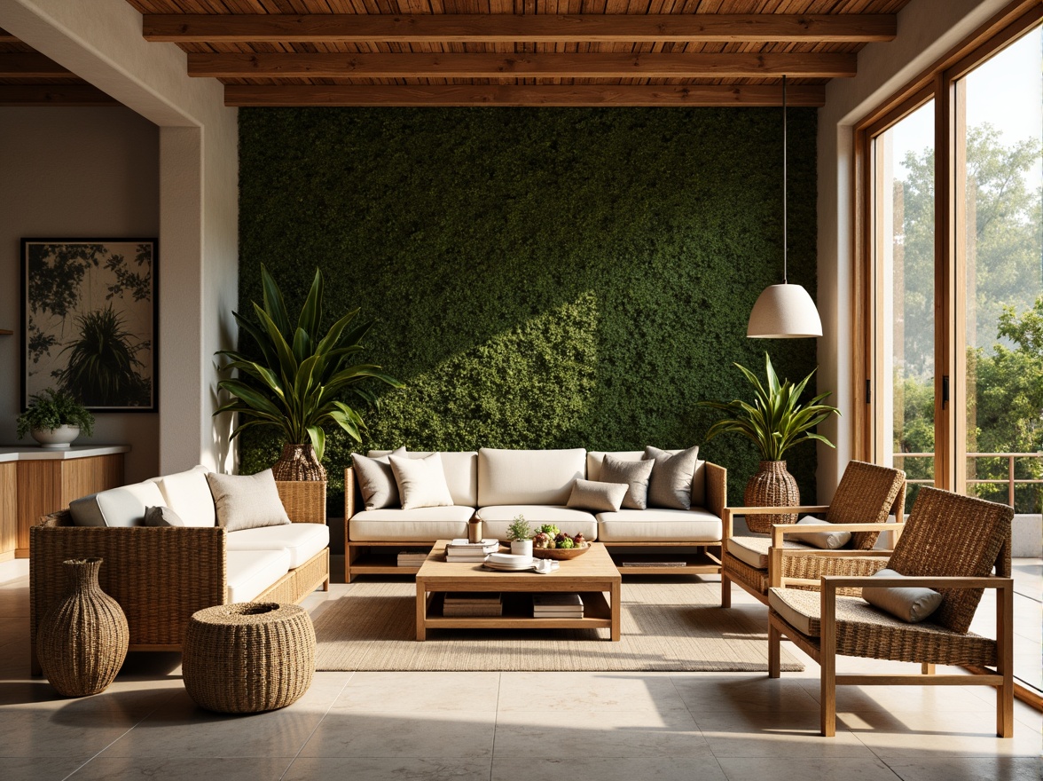 Prompt: Earthy tones, reclaimed wood accents, living green walls, organic shapes, natural stone flooring, bamboo textures, woven rattan furniture, eco-friendly materials, sustainable architecture, minimalist design, abundant natural light, soft warm ambiance, shallow depth of field, 1/1 composition, realistic rendering, ambient occlusion.