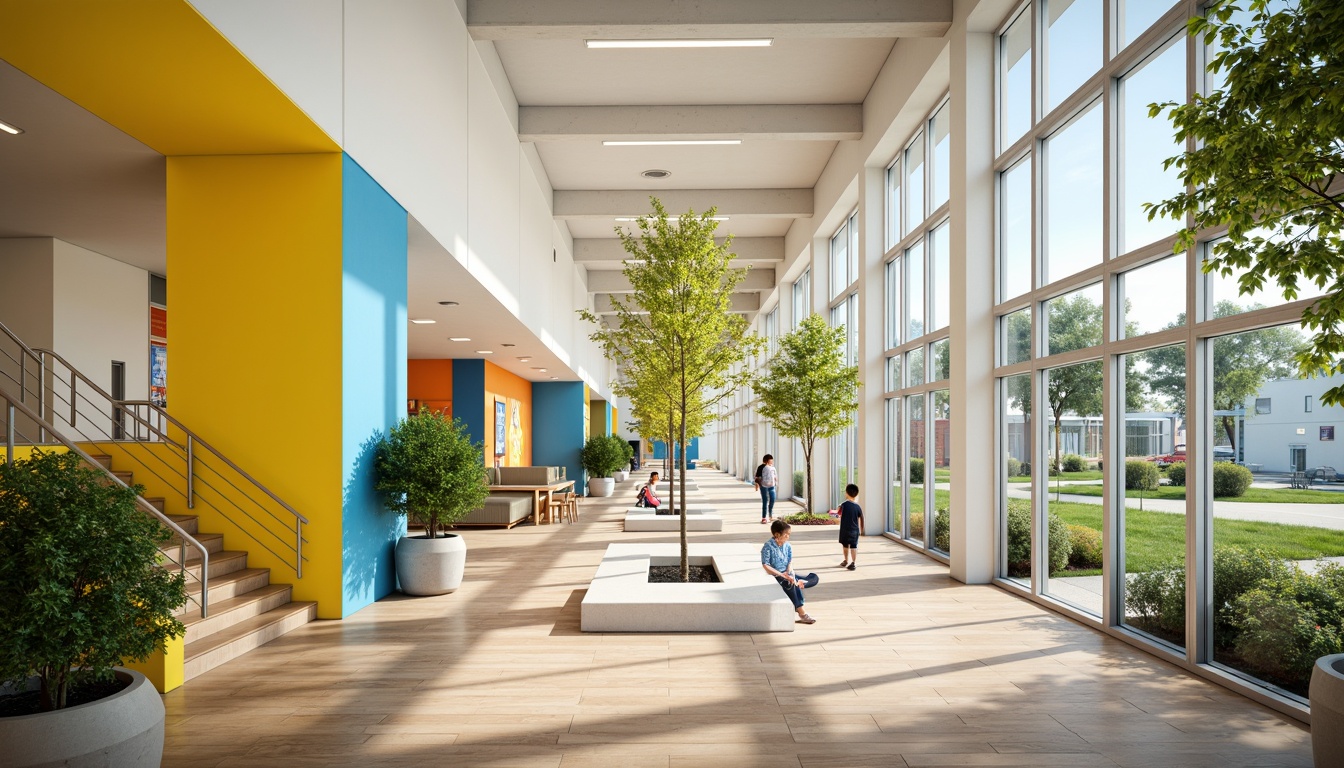 Prompt: Vibrant elementary school, modern streamline architecture, bold primary colors, bright yellow accents, calming blue tones, creamy white walls, polished wooden floors, sleek metal railings, minimalist design, abundant natural light, floor-to-ceiling windows, sliding glass doors, lush greenery, outdoor learning spaces, educational signage, playful murals, geometric patterns, soft warm lighting, shallow depth of field, 3/4 composition, panoramic view, realistic textures, ambient occlusion.