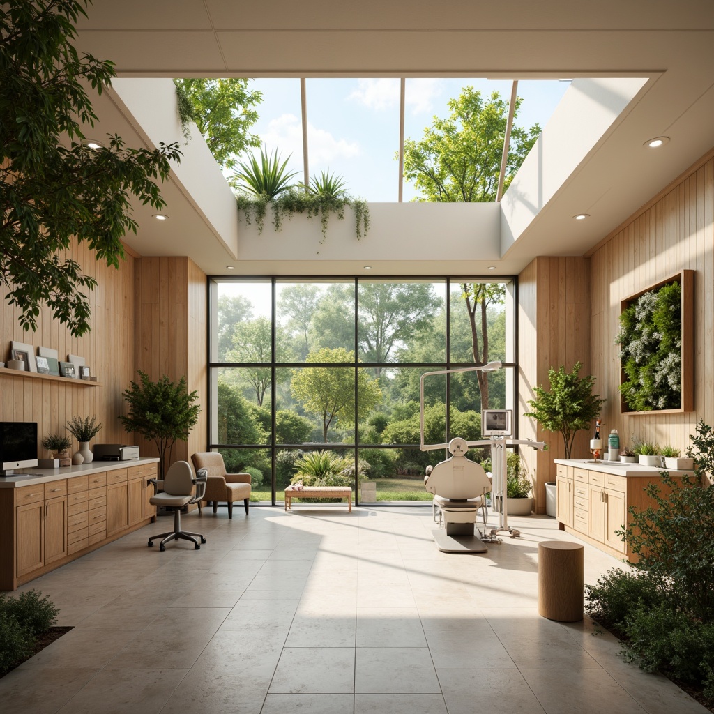 Prompt: Spacious dental clinic, natural ventilation systems, large windows, clerestory windows, skylights, green roofs, living walls, air-purifying plants, calming ambiance, soft diffused lighting, warm beige tones, minimalist decor, ergonomic furniture, stainless steel equipment, modern dental chairs, gentle color scheme, soothing atmosphere, shallow depth of field, 1/1 composition, realistic textures, ambient occlusion.