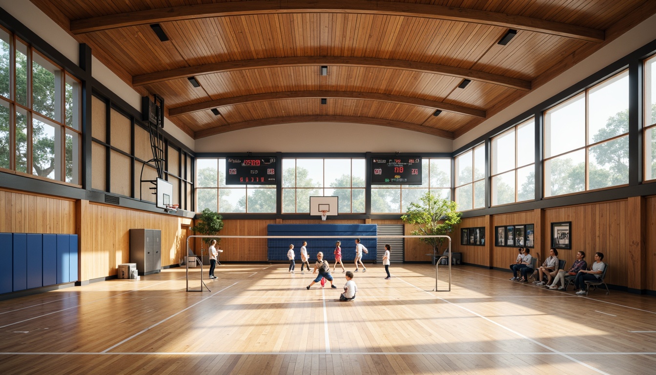 Prompt: Modern gymnasium interior, wooden flooring, sound-absorbing panels, acoustic ceiling tiles, reverberation reduction systems, echo-minimizing design, natural ventilation, large windows, abundant daylight, athletic equipment, basketball hoops, volleyball nets, spectator seating, scoreboards, electronic displays, warm color scheme, soft indirect lighting, shallow depth of field, 1/2 composition, realistic textures, ambient occlusion.