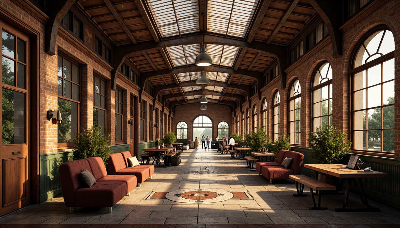 Prompt: Vintage train station, eclectic mix of materials, exposed brick walls, rusty metal beams, reclaimed wood accents, ornate ironwork, stained glass ceilings, intricate tile mosaics, distressed leather benches, antique luggage racks, industrial-style lighting fixtures, warm golden lighting, shallow depth of field, 1/1 composition, realistic textures, ambient occlusion.