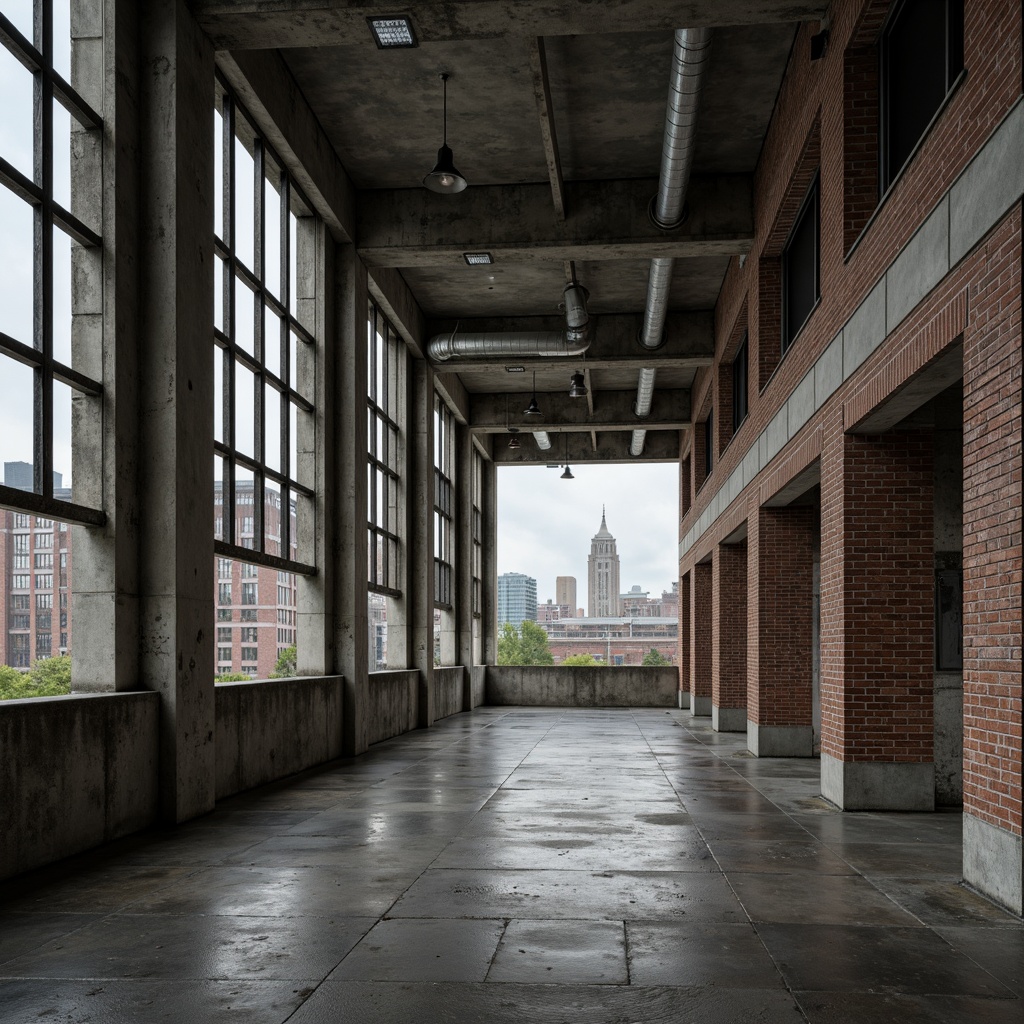 Prompt: Rough concrete walls, exposed ductwork, industrial metal beams, raw brick facades, weathered stone surfaces, distressed wood accents, brutalist monumentality, fortress-like structures, urban cityscape, overcast skies, dramatic shadows, high-contrast lighting, cinematic composition, gritty realistic textures, ambient occlusion.