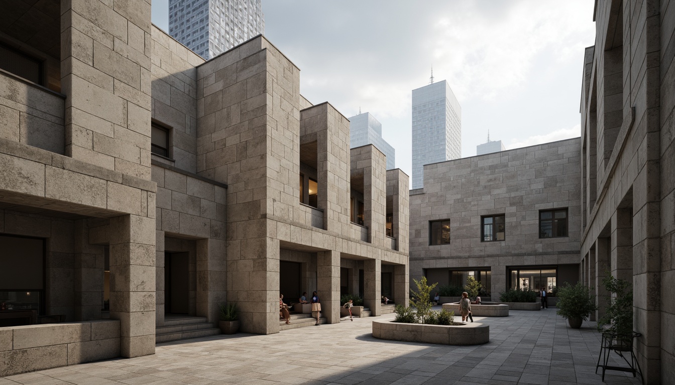 Prompt: Rough-hewn concrete walls, rugged stone facades, brutalist community center, angular geometric shapes, fortress-like structures, raw industrial materials, exposed ductwork, minimalist interior design, functional spaces, natural light pouring in, urban cityscape backdrop, overcast skies, dramatic shadows, high-contrast lighting, 1/1 composition, symmetrical framing, gritty realistic textures, ambient occlusion.