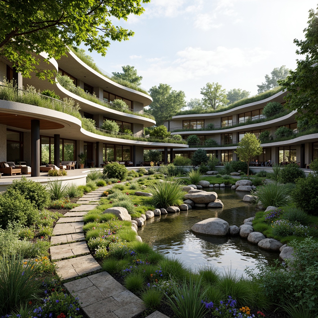 Prompt: Harmonious landscape integration, lush green roofs, verdant walls, natural stone pathways, meandering water features, serene ponds, vibrant flowerbeds, native plant species, organic architecture, curved lines, earthy tones, sustainable design, eco-friendly materials, energy-efficient systems, solar panels, wind turbines, rainwater harvesting, shaded outdoor spaces, misting systems, panoramic views, 3/4 composition, realistic textures, ambient occlusion.