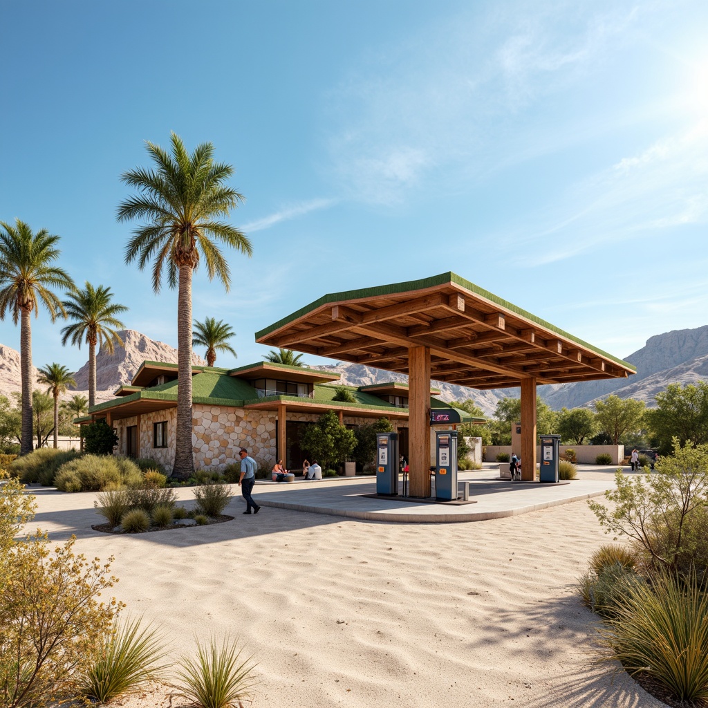 Prompt: Rustic gas station, natural stone walls, green roofs, solar panels, wind turbines, eco-friendly materials, modern minimalist architecture, angular lines, sleek metal canopies, shaded outdoor spaces, misting systems, vibrant colorful signage, intricate geometric patterns, desert landscape, sandy dunes, cactus plants, hot sunny day, clear blue sky, vast open space, 3/4 composition, panoramic view, realistic textures, ambient occlusion.