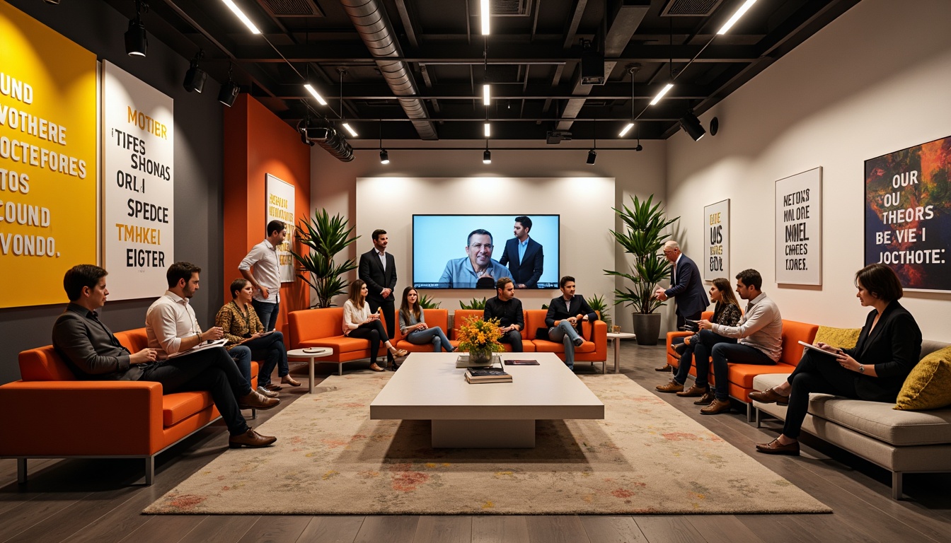 Prompt: Vibrant business conference room, modern minimalist furniture, sleek metal accents, bold corporate branding, bright accent walls, motivational quotes, inspirational artwork, professional attire, diverse group of people, energetic atmosphere, warm and inviting lighting, shallow depth of field, 3/4 composition, realistic textures, ambient occlusion.