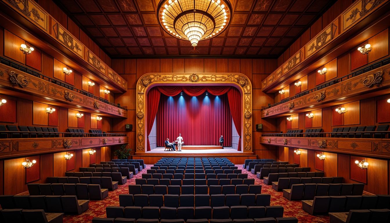 Prompt: Vibrant concert hall, rich wood tones, warm golden lighting, bold red accents, deep blue seats, polished metal fixtures, luxurious velvet curtains, ornate chandeliers, grand staircase, opulent balconies, lavish box seats, dramatic spotlights, soft warm glow, shallow depth of field, 1/1 composition, realistic textures, ambient occlusion.