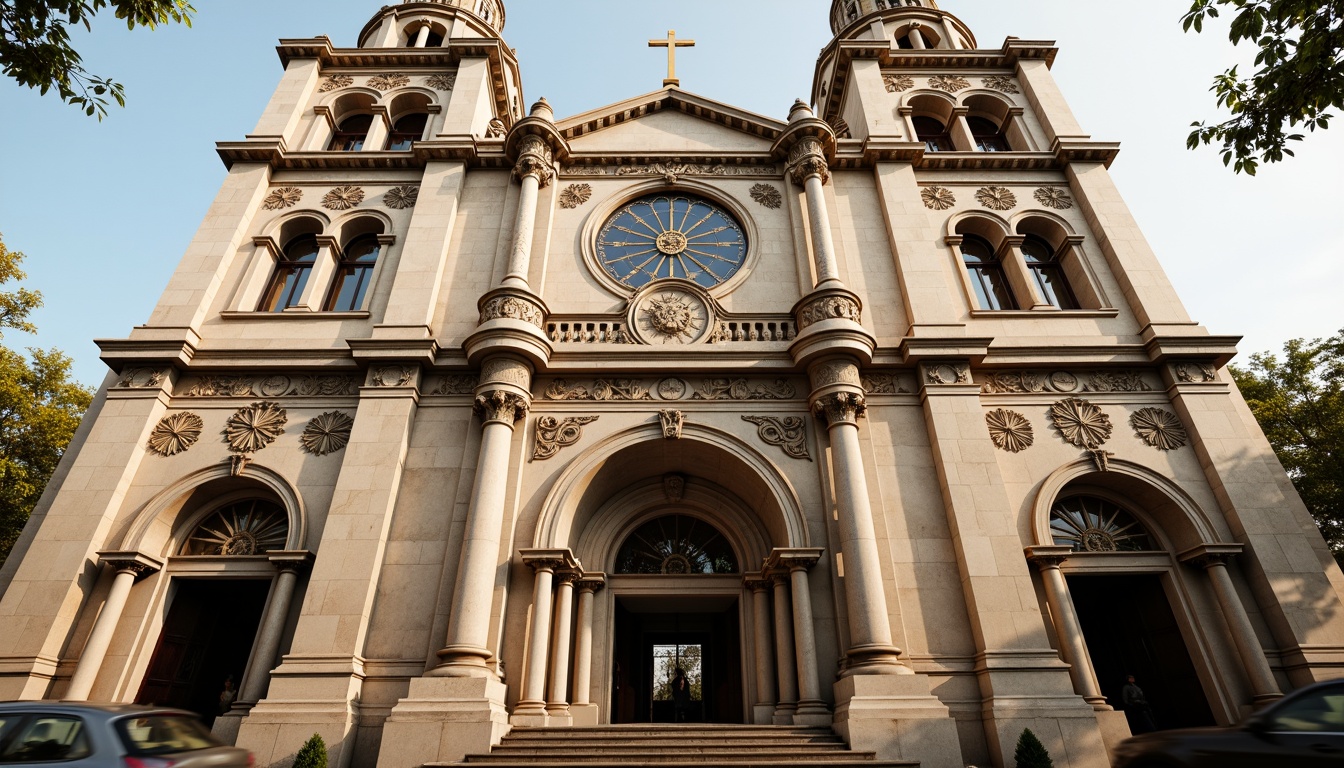 Prompt: Grandiose church facade, ornate stone carvings, symmetrical composition, soaring bell towers, intricate stained glass windows, majestic entrance archways, rusticated quoins, Corinthian columns, decorative pilasters, ornamental pediments, subtle weathered stone textures, warm golden lighting, soft focus, shallow depth of field, 2/3 composition, realistic architectural details, ambient occlusion.