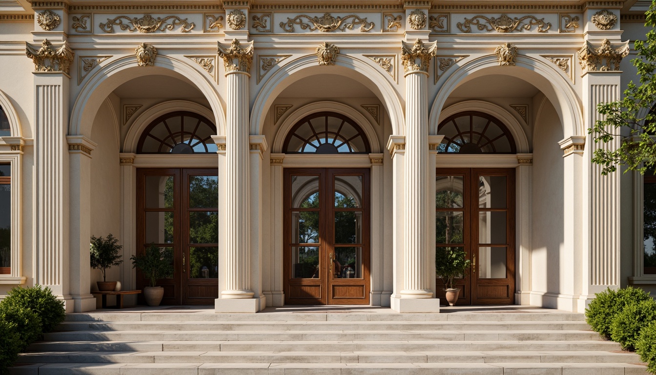 Prompt: Elegant neoclassical architecture, ornate columns, intricately carved details, grandiose entranceways, symmetrical facades, soft creamy whites, warm beige tones, rich gold accents, deep navy blues, subtle earthy browns, luxurious marble textures, ornamental moldings, refined stucco finishes, dramatic chiaroscuro lighting, high contrast ratios, 2/3 composition, atmospheric perspective, realistic reflections, ambient occlusion.