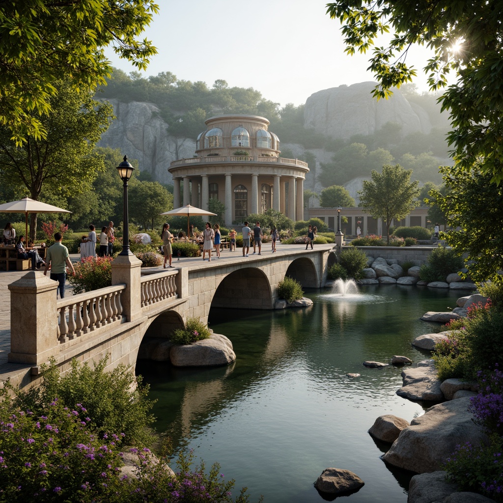 Prompt: Rustic stone bridges, ornate balustrades, grand arches, lush greenery, vibrant flowers, meandering water features, serene lakes, majestic fountains, natural rock formations, weathered wooden docks, elegant lampposts, intricate ironwork, soft warm lighting, shallow depth of field, 3/4 composition, panoramic view, realistic textures, ambient occlusion.