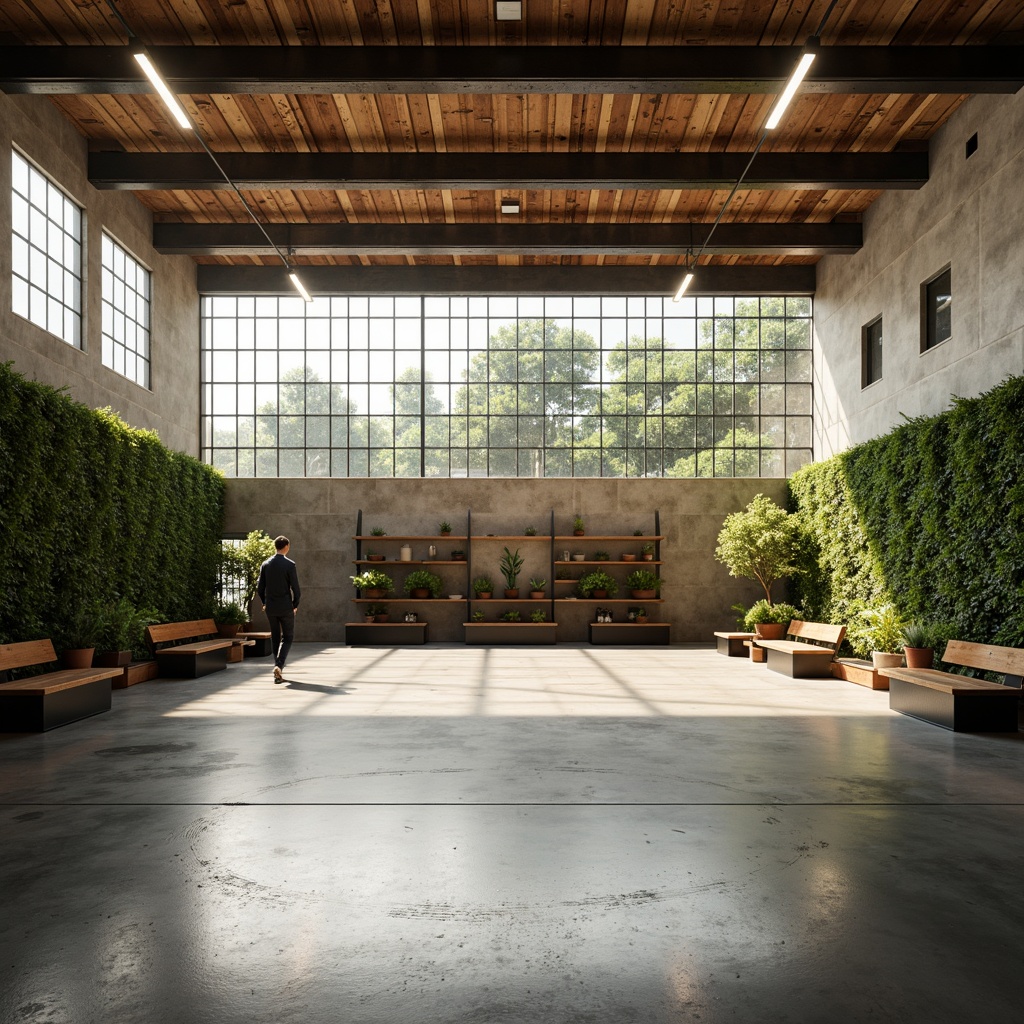 Prompt: Minimalist gymnasium interior, natural light pouring in, polished concrete floors, reclaimed wood accents, industrial metal beams, eco-friendly rubber flooring, energy-efficient LED lighting, recycled plastic benches, living green walls, air-purifying plants, calm atmosphere, soft warm glow, shallow depth of field, 1/1 composition, realistic textures, ambient occlusion.