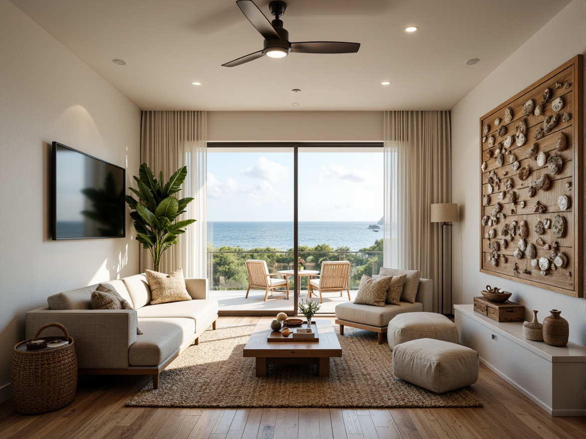 Prompt: Coastal living room, ocean-inspired color palette, driftwood accents, natural textiles, woven sea grass furniture, coral-patterned rugs, shell-adorned decorative walls, floor-to-ceiling windows, sliding glass doors, panoramic ocean views, soft warm lighting, beachy ambiance, minimalist decor, nautical-themed accessories, distressed wood flooring, plush sectional sofas, built-in shelving units, tropical plants, calming atmosphere, 1/1 composition, realistic reflections, ambient occlusion.