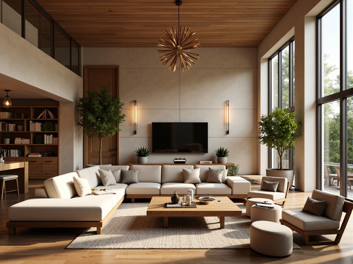 Prompt: Cozy living room, plush sofas, warm beige walls, rich wood flooring, modern minimalist decor, floor-to-ceiling windows, natural light pouring in, comfortable reading nooks, soft warm lighting, textured throw blankets, vibrant greenery, elegant chandeliers, sleek coffee tables, functional storage solutions, ergonomic furniture design, calming color palette, inviting atmosphere, 1/1 composition, shallow depth of field, realistic textures.