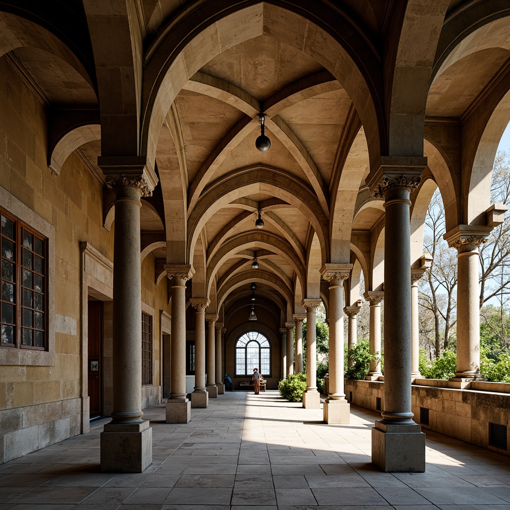 Prompt: Ancient stone columns, ornate capitals, rustic arches, weathered stonework, grand entranceways, vaulted ceilings, stained glass windows, intricate carvings, ornamental details, earthy color palette, natural textures, warm ambient lighting, shallow depth of field, 1/1 composition, symmetrical framing, realistic renderings, atmospheric effects.