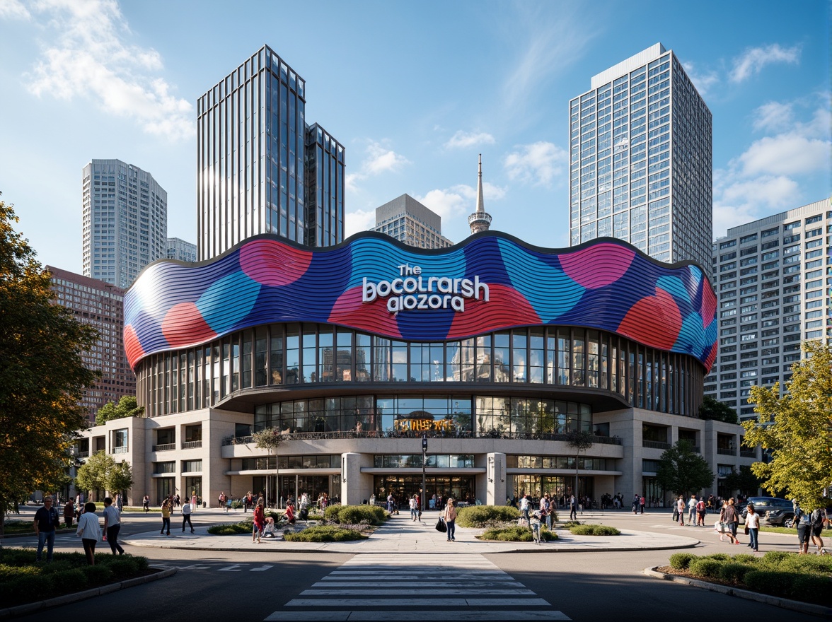 Prompt: Dynamic soccer stadium facade, undulating curves, parametric design, LED light installations, vibrant team colors, sleek metal cladding, transparent glass walls, cantilevered roofs, grand entrance archways, urban cityscape backdrop, bustling streets, modern skyscrapers, sunny afternoon, dramatic shadowing, high-contrast lighting, 1/2 composition, symmetrical framing, realistic reflections, ambient occlusion.