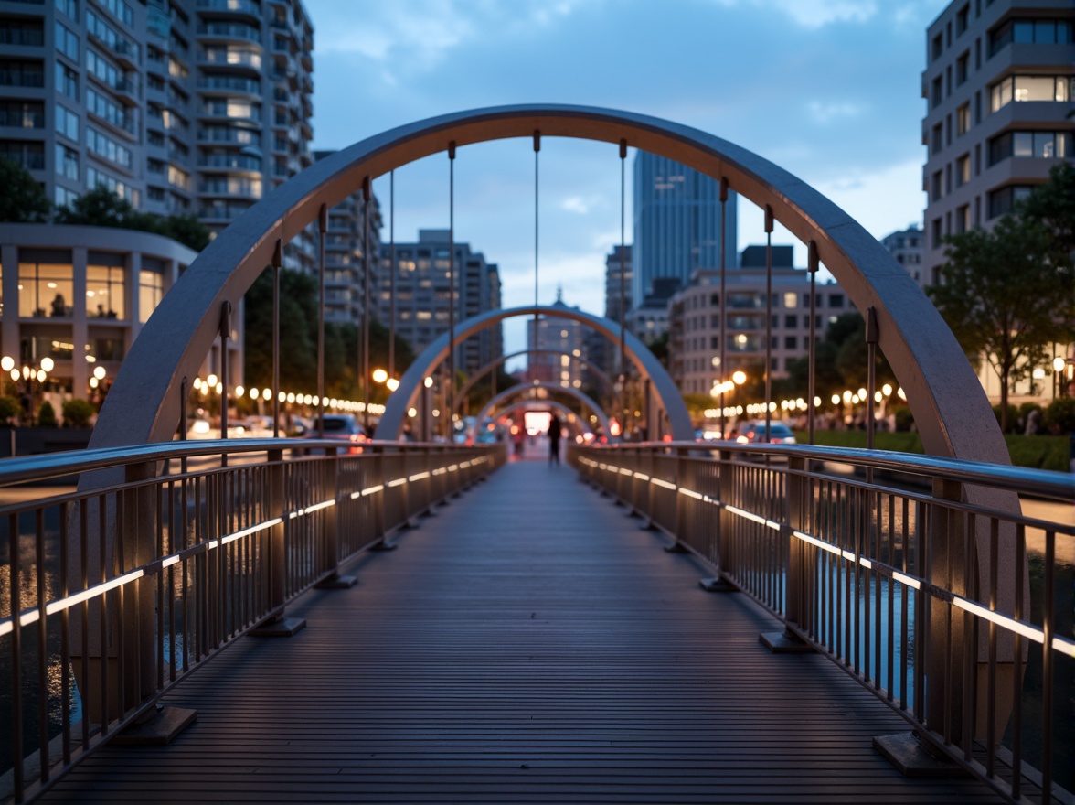 Prompt: Curved pedestrian bridge, sleek metal railings, wooden decking, modern urban landscape, city skyline, busy streets, vibrant streetlights, evening atmosphere, soft warm glow, shallow depth of field, 3/4 composition, panoramic view, realistic textures, ambient occlusion, structural columns, cantilevered sections, suspension cables, diagonal bracing, geometric shapes, minimalist design, functional aesthetics, pedestrian-friendly infrastructure, accessible ramps, safety handrails, urban connectivity.