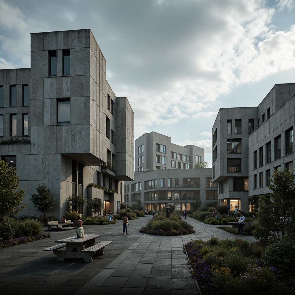 Prompt: Rugged university campus, brutalist architecture, raw concrete facades, fortress-like buildings, geometric shapes, industrial materials, metallic accents, bold color schemes, abstract sculptures, urban landscape, overcast skies, dramatic shadows, high-contrast lighting, cinematic composition, 1/2 frame ratio, atmospheric fog, realistic textures, ambient occlusion.