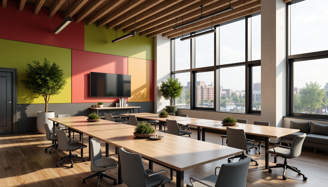 Prompt: Modern conference room, sleek wooden tables, ergonomic chairs, vibrant accent walls, natural light pouring in, floor-to-ceiling windows, minimalist decor, collaborative workspace, flexible seating arrangements, modular furniture, acoustic panels, soft warm lighting, shallow depth of field, 3/4 composition, panoramic view, realistic textures, ambient occlusion.