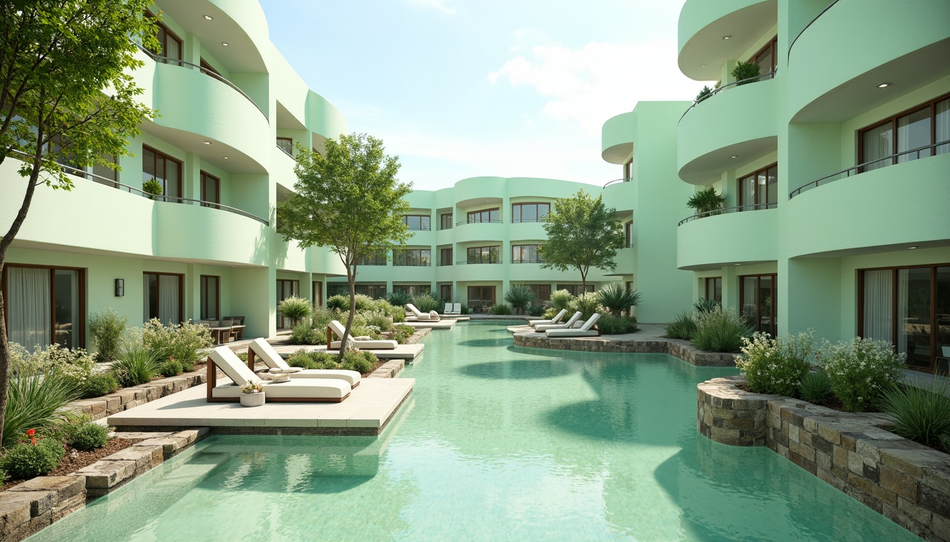 Prompt: Soothing mint-green buildings, soft pastel hues, calming atmosphere, natural stone foundations, curved lines, minimalist design, large windows, sliding glass doors, lush greenery, blooming flowers, serene water features, shallow reflective pools, warm sunny day, gentle misting systems, ambient occlusion, 3/4 composition, panoramic view, realistic textures, modern architecture, eco-friendly materials, innovative cooling technologies.