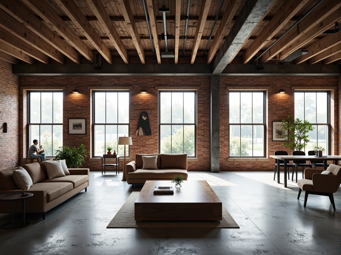 Prompt: Exposed brick walls, industrial metal beams, reclaimed wood accents, polished concrete floors, minimalist decor, modern urban loft, open-plan living space, floor-to-ceiling windows, natural light pouring in, airy atmosphere, sleek lines, geometric shapes, abstract art pieces, monochromatic color scheme, subtle textures, soft warm lighting, shallow depth of field, 3/4 composition, realistic renderings.