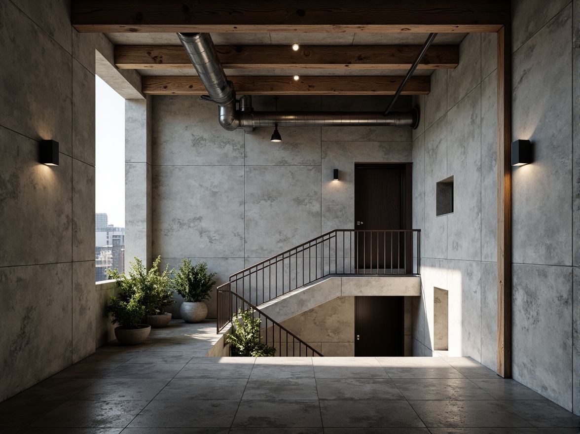 Prompt: Raw concrete walls, rugged textures, brutalist architecture, urban apartment building, industrial chic aesthetic, minimalist decor, functional simplicity, exposed ductwork, steel beams, industrial-style lighting, metal railings, raw wood accents, monochromatic color scheme, dramatic shadows, high-contrast lighting, cinematic composition, 1/2 camera angle, gritty realistic textures, ambient occlusion.