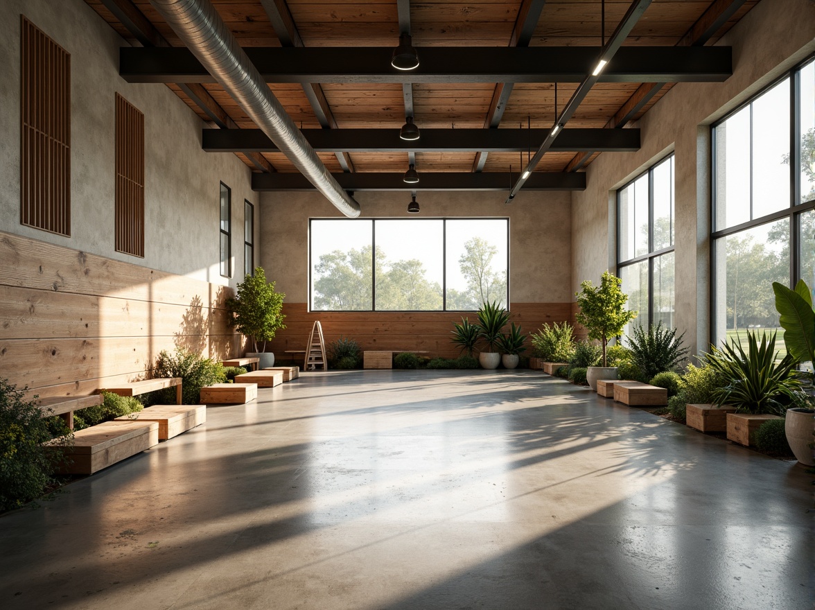 Prompt: Minimalist gymnasium interior, natural light pouring in, polished concrete floors, reclaimed wood accents, industrial metal beams, eco-friendly rubber flooring, energy-efficient LED lighting, recycled plastic benches, living green walls, air-purifying plants, calm atmosphere, soft warm glow, shallow depth of field, 1/1 composition, realistic textures, ambient occlusion.