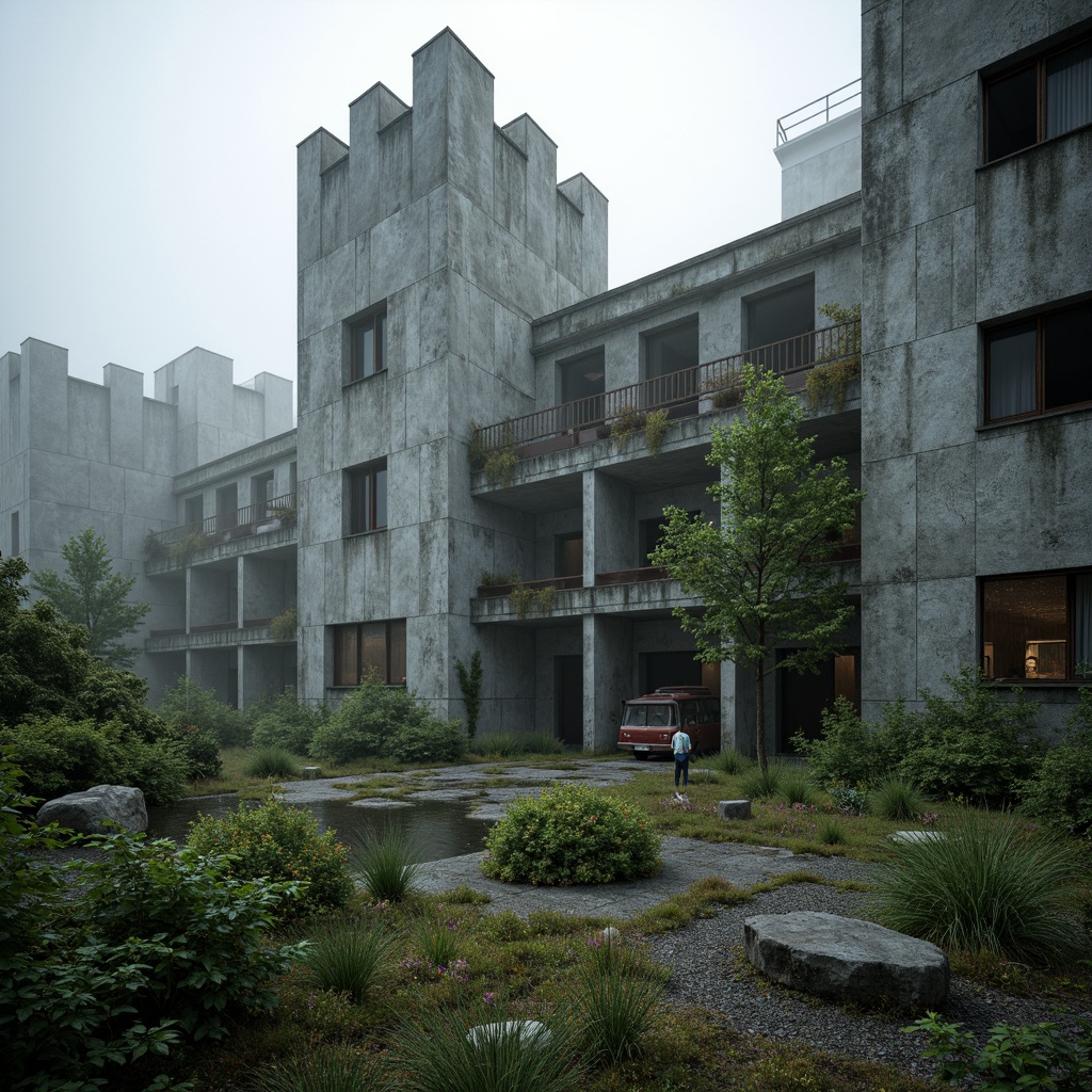 Prompt: Rugged brutalist architecture, raw concrete textures, fortress-like structures, overgrown vegetation, wildflowers, moss-covered walls, industrial landscapes, abandoned factories, rusty machinery, distressed metal accents, urban decay, gritty atmosphere, dramatic lighting, high contrast shadows, cinematic composition, atmospheric fog, misty mornings, eerie silence, desolate surroundings, fragmented rocks, weathered wood, reclaimed materials, post-apocalyptic ambiance.