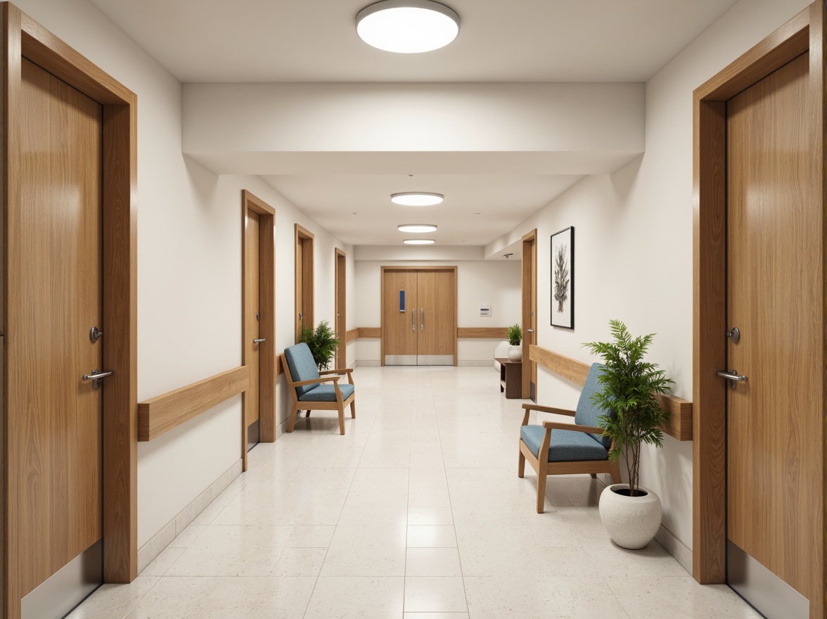 Prompt: Clean hospital corridors, minimalist decor, neutral color palette, natural light, sleek metal handrails, wooden accents, simple furniture, comfortable patient rooms, soft cushioned chairs, calm atmosphere, subtle textures, ambient lighting, shallow depth of field, 1/1 composition, realistic render, modern medical equipment, stainless steel surfaces, sterile environments, peaceful waiting areas, green plants, warm beige tones, gentle color transitions.