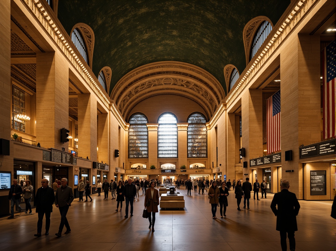 Prompt: Grand central station, ornate metalwork, intricate stonework, vaulted ceilings, majestic archways, elegant chandeliers, refined wooden accents, luxurious textiles, sophisticated signage, bustling atmosphere, morning rush hour, warm golden lighting, shallow depth of field, 1/2 composition, symmetrical framing, realistic reflections, ambient occlusion.