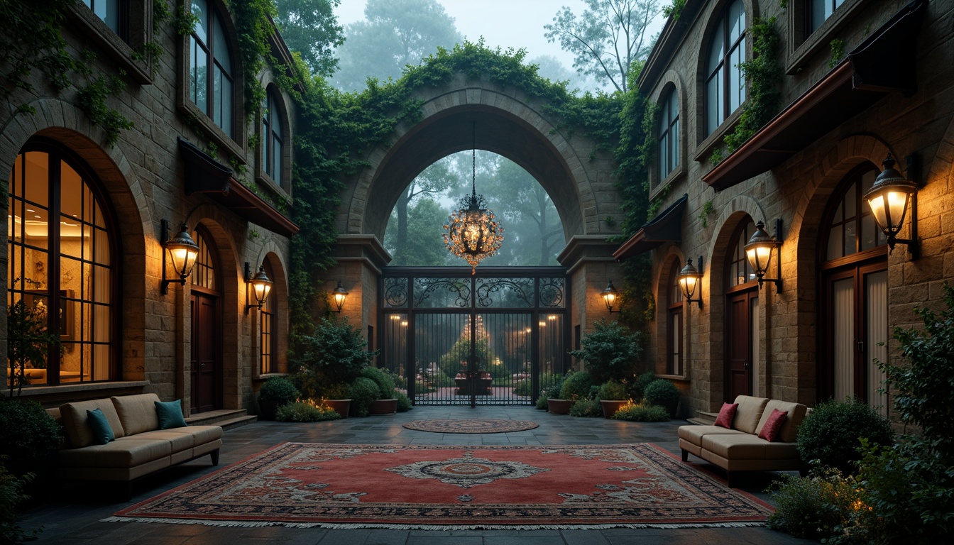 Prompt: Rustic stone walls, ornate wooden doors, stained glass windows, grandiose iron gates, mysterious foggy atmosphere, overgrown ivy vines, weathered copper roofs, intricate stone carvings, dramatic archways, lavish velvet drapes, richly patterned rugs, warm candlelight, eerie shadows, 1/1 composition, low-key lighting, cinematic mood, high-contrast textures, mystical ambiance.