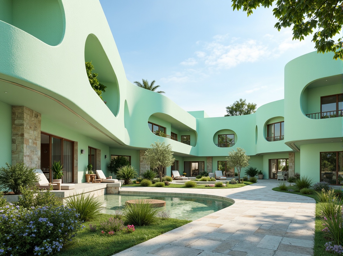 Prompt: Soothing mint-green buildings, soft pastel hues, calming atmosphere, natural stone foundations, curved lines, minimalist design, large windows, sliding glass doors, lush greenery, blooming flowers, serene water features, shallow reflective pools, warm sunny day, gentle misting systems, ambient occlusion, 3/4 composition, panoramic view, realistic textures, modern architecture, eco-friendly materials, innovative cooling technologies.