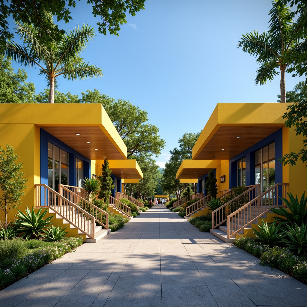 Prompt: Vibrant zoo entrance, streamline moderne architecture, bold primary colors, bright yellow accents, deep blue tones, natural wood textures, sleek metal railings, minimalist signage, lush greenery, tropical plants, sunny day, soft warm lighting, shallow depth of field, 3/4 composition, panoramic view, realistic animal textures, ambient occlusion.Please let me know if this meets your requirements!