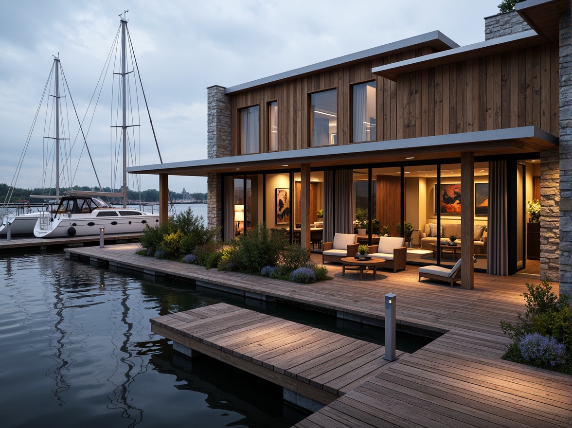 Prompt: Waterfront location, wooden dock, sailboats, nautical ropes, rustic boathouse, modern fenestration, large windows, sliding glass doors, minimalist frames, reflective metal surfaces, industrial chic design, reclaimed wood accents, natural stone walls, cozy interior lighting, warm color palette, shallow depth of field, 1/1 composition, realistic textures, ambient occlusion.