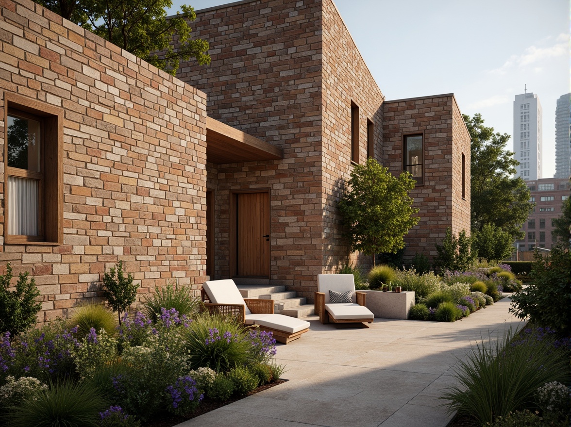 Prompt: Rough stone walls, rustic brick facades, wooden accents, natural wood grain, earthy tones, organic forms, irregular shapes, tactile experiences, 3D modeling, realistic renderings, ambient occlusion, soft warm lighting, shallow depth of field, 2/3 composition, modern architecture, sustainable design, eco-friendly materials, green roofs, living walls, urban landscapes, city skylines, industrial heritage, converted warehouses.