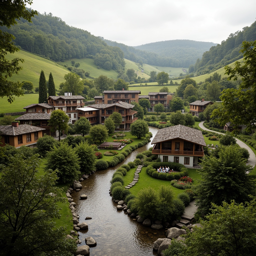 Prompt: Rustic village, rolling hills, lush greenery, meandering streams, traditional vernacular architecture, earthy tones, natural stone walls, wooden accents, curved lines, organic forms, blending with surroundings, seamless integration, harmonious coexistence, soft warm lighting, misty atmosphere, shallow depth of field, 1/1 composition, realistic textures, ambient occlusion.