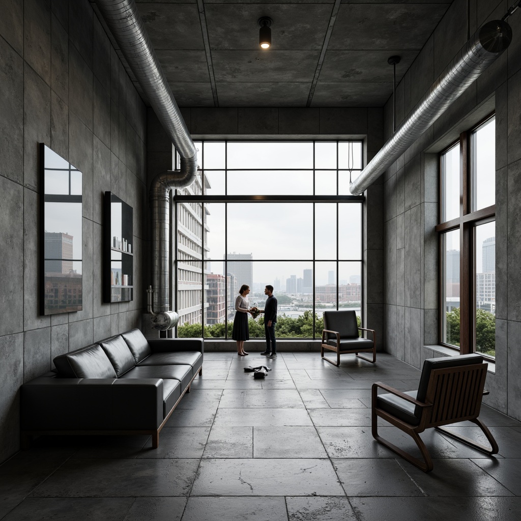 Prompt: Raw concrete walls, exposed ductwork, industrial pipes, metal beams, minimalist decor, functional furniture, monochromatic color scheme, cold harsh lighting, dramatic shadows, brutalist architecture, fortress-like structure, angular lines, rugged textures, urban landscape views, cityscape backdrop, overcast sky, moody atmosphere, high contrast ratio, 1/1 composition, symmetrical framing, realistic render.