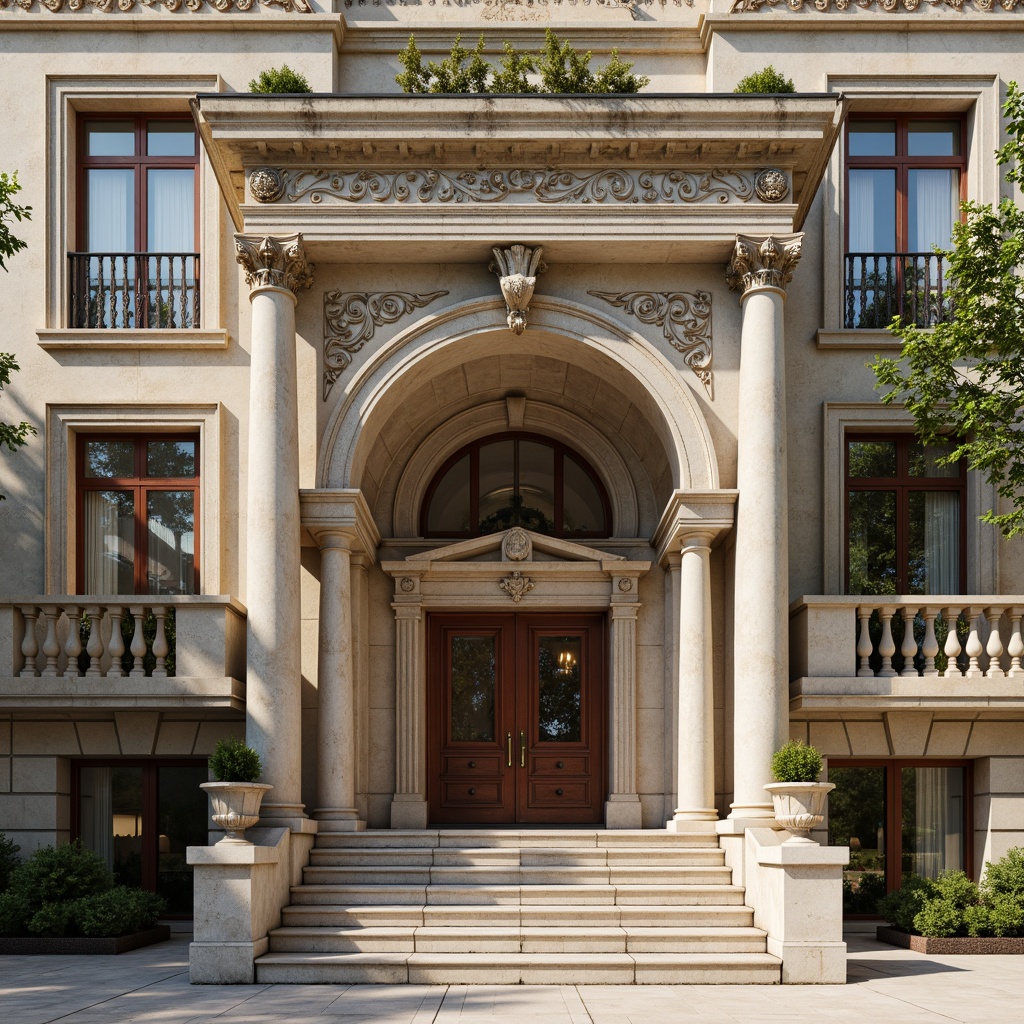 Prompt: Grandiose building facade, ornate columns, intricately carved details, symmetrical composition, classical proportions, limestone or marble materials, subtle color palette, soft natural light, warm afternoon ambiance, shallow depth of field, 2/3 composition, realistic textures, ambient occlusion, ornamental balustrades, decorative friezes, sculpted pediments, grand entranceways, sweeping staircases, elegant archways, refined moldings, luxurious ornamentation.