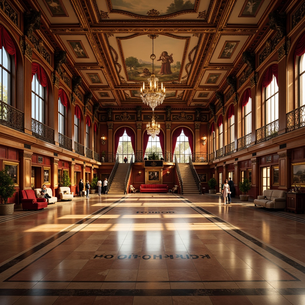 Prompt: Ornate gymnasium, rich wood paneling, gilded accents, intricate carvings, grand chandeliers, polished marble floors, ornamental mirrors, luxurious velvet drapes, regal throne-like seating, opulent crystal fixtures, dramatic archways, sweeping staircases, lavish fresco ceilings, warm golden lighting, soft focus photography, 1/2 composition, symmetrical framing, realistic reflections, ambient occlusion.